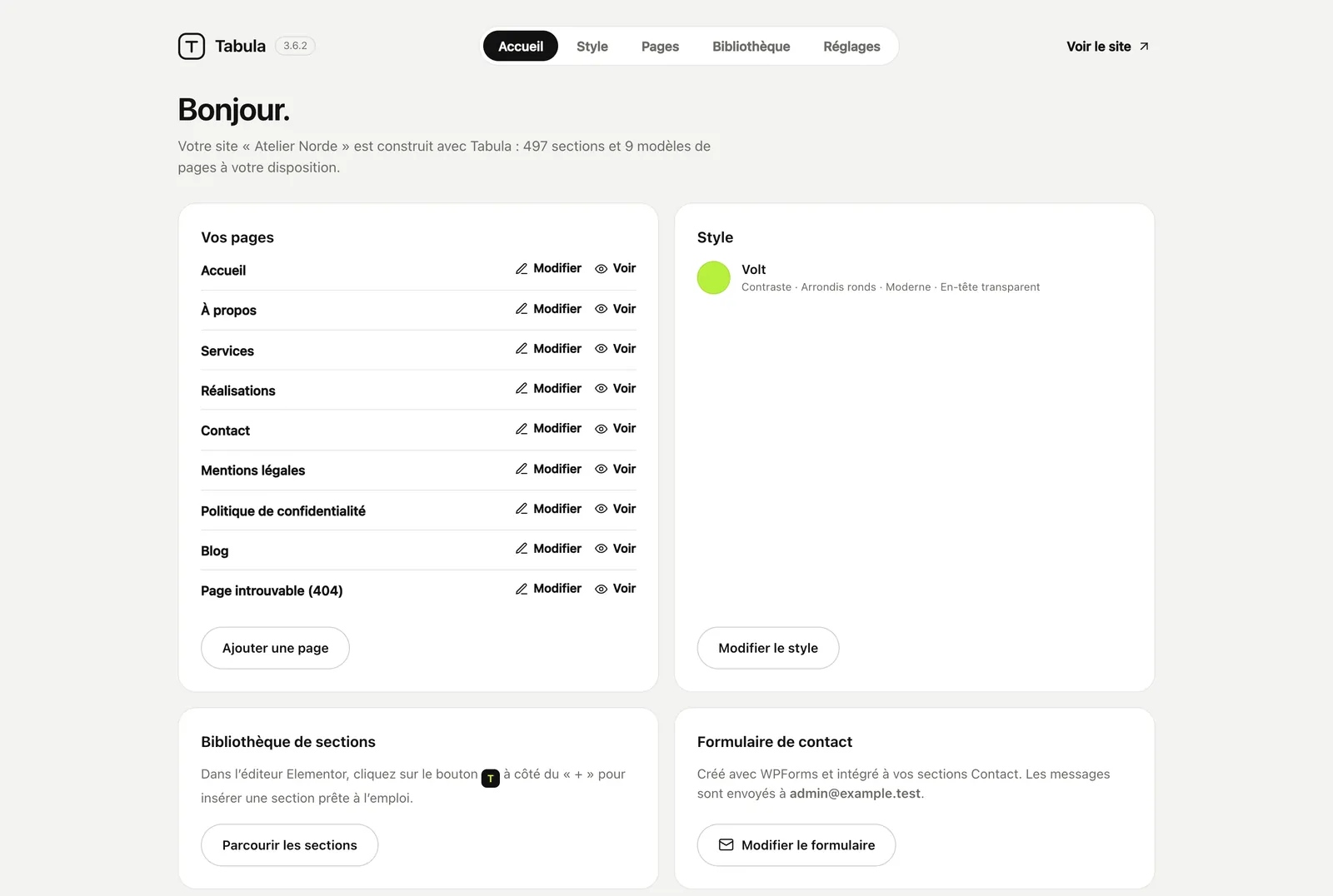 Le tableau de bord Tabula : vos pages, votre style, la bibliothèque de sections et le formulaire de contact.